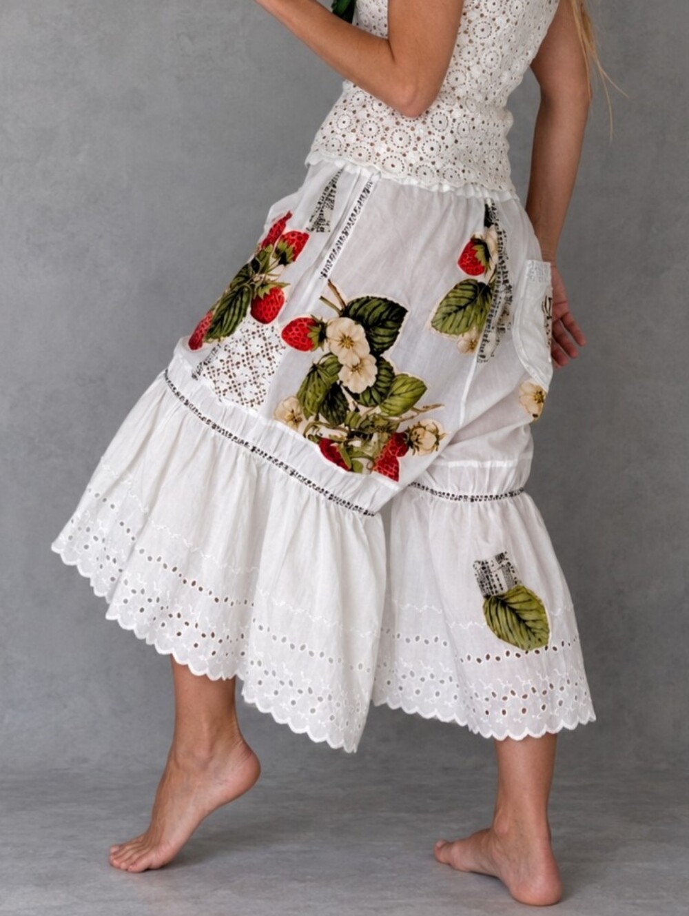 Cotton Bloomers Strawberry Appliqué Floral Print Ruffle Hem Drawstring Belt